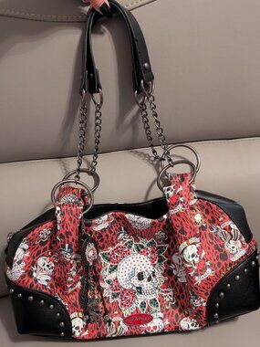 Ed Hardy Rhinestone Rose Skull Leopard Tattoo Chain Strap Shoulder Bag Handbag